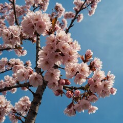 A cherry blossom tree with pink flowers against a clear blue sky.