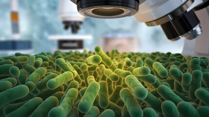 Microscopic view of beneficial bacteria thriving in a healthy environment, symbolizing the importance of microbiome balance in maintaining overall well-being.