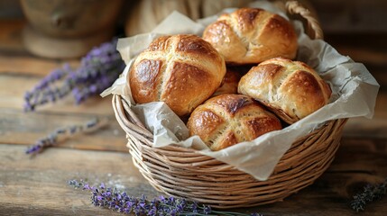 A rustic basket filled with hot cross buns, nestled in parchment paper, placed on a wooden table with a sprig of lavender
