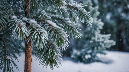 Obraz premium a close-up of Frosty Pine Tree with a snow covered with sparkling.
