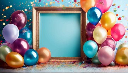 frame with balloons and confetti