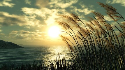 A peaceful lakeshore with reeds swaying in the breeze and the sound of water gently lapping at the shore