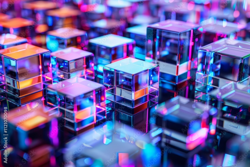 Poster a vibrant assortment of colorful cubes arranged on a table, showcasing various hues and geometric sh