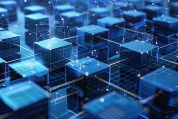 A futuristic representation of data science, showcasing advanced analytics, AI, and innovative technology in a digital landscape. Layers of horizontal blocks illustrating the blockchain protocol .