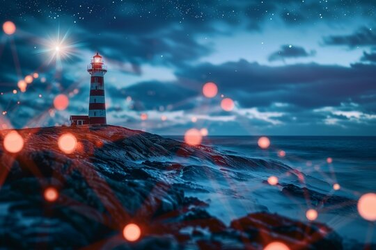 A lighthouse adorned with a network of lights, illuminating the surrounding area against a twilight sky. Lighthouse symbolizing guidance and assurance, commandeered by blockchain .
