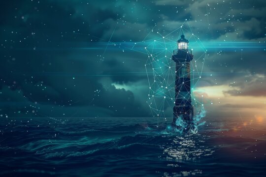 A lighthouse adorned with a network of lights, illuminating the surrounding area against a twilight sky. Lighthouse symbolizing guidance and assurance, commandeered by blockchain .