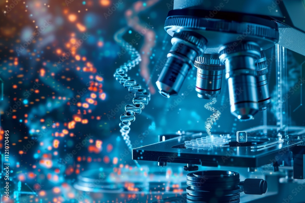 Poster a microscope positioned in front of a dna strand, symbolizing scientific research and genetic explor