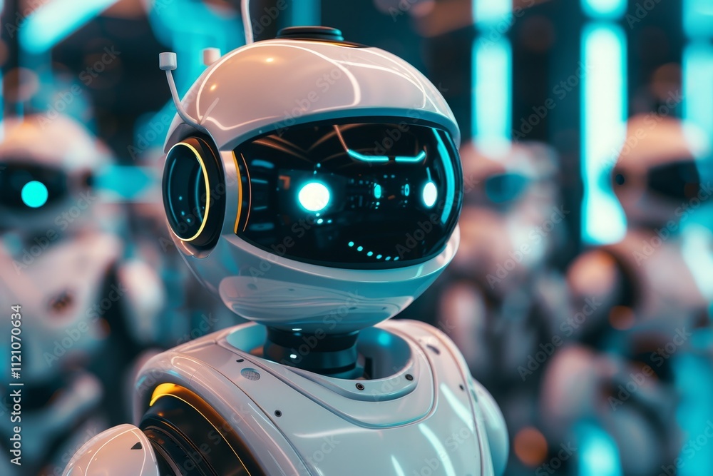 Poster a robot working efficiently in a factory setting, surrounded by machinery and production lines. mach