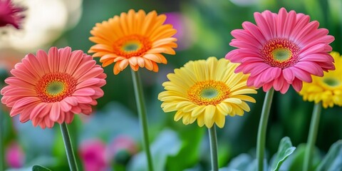 Vibrant colorful daisy blooms, showcasing the beauty of gerbera flowers in a lush garden setting, emphasize the striking features of these delightful gerbera flowers.