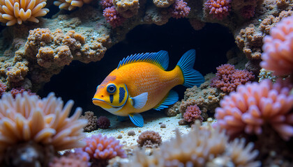 Colorful wrasse hiding in coral, featuring realistic patterns and natural colors