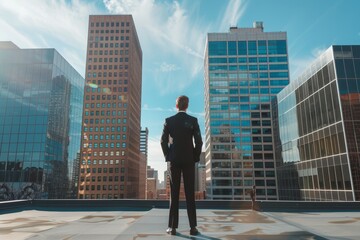 A man in a suit stands on a rooftop, gazing thoughtfully at the sprawling city skyline below him. Male businessman standing at a high-rise building's rooftop .