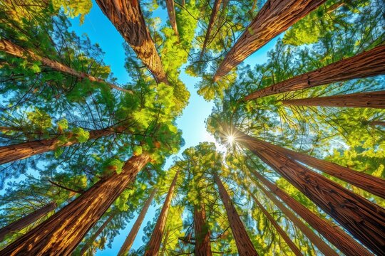 Majestic tallest trees in the world, reaching high into the sky, surrounded by lush greenery and natural beauty. Majestic redwood trees reaching towards the sky . - Powered by Adobe