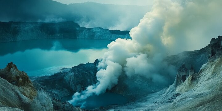 Ijen Crater landscape features sulfur smoke rising from its stunning blue hued depths, showcasing the mesmerizing beauty of this unique landscape rich in natural phenomena.