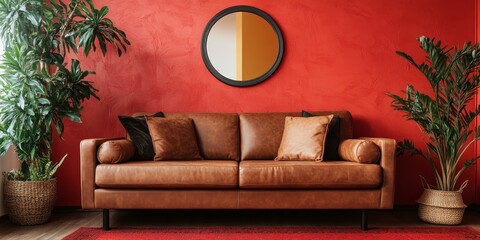 Modern living room design features a brown eco leather couch, complemented by soft cushions, a wall mirror, a houseplant in a rustic clay pot, and a red carpet enhancing the indoor space.