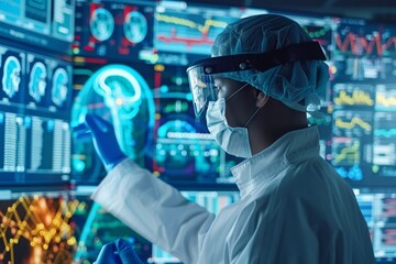 A man in a lab coat and goggles examines data on a computer screen in a laboratory setting. Medical professionals using biotech interfaces .