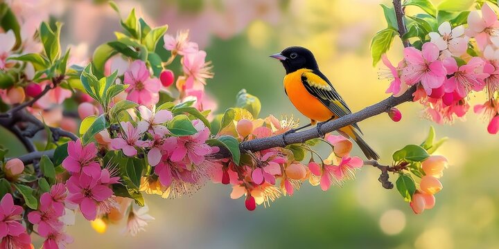 Orchard oriole perched on a tree adorned with vibrant blooms, showcasing the beauty of nature. The orchard oriole enhances the floral scene, creating a picturesque moment in springtime.