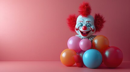 Creepy clown face with colorful balloons against a pink background.
