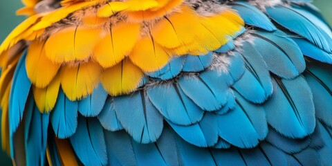 Fototapeta premium Close up view showcasing the vibrant feathers of a blue and gold macaw parrot, highlighting the intricate details and colors in the feathers of this stunning bird species.