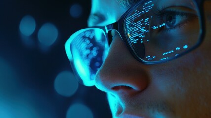 man working computer code, developing software in office digital interfaces with data overlaying her face banner