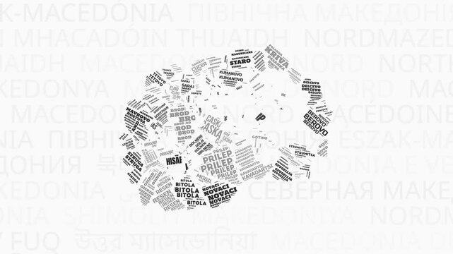 North Macedonia intro animation. Country with regions illustration video. Background with country names in various languages. Regions of North Macedonia animation. Artistic video.