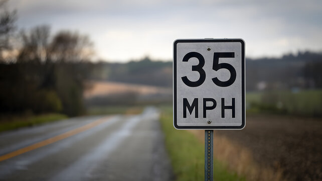 Speed limit sign displaying 35 mph on a rural road, emphasizing the importance of adhering to traffic regulations for safety and compliance.
