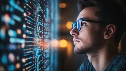 man working computer code, developing software in office digital interfaces with data overlaying her face banner coding