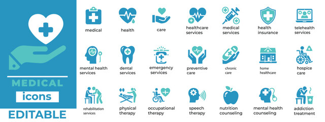 Comprehensive medical icon set for healthcare websites, apps, and presentations. Customizable, editable vector graphics for doctors, nurses, hospitals, and more