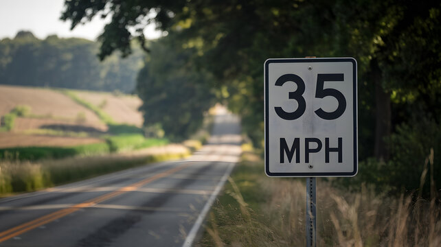 Speed limit sign displaying 35 mph on a rural road, emphasizing the importance of adhering to traffic regulations for safety and compliance.