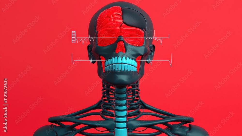 Poster anatomical study of a human skull model laboratory setting 3d visualization red background scientifi