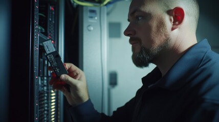 A network cabling technician conducting network assessment in a server room, the technician is holding network testing
