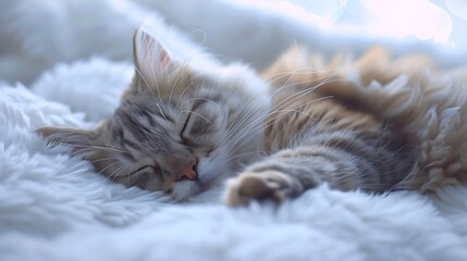 Obraz premium Sleepy cat curled up with soft fur on white.