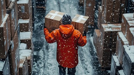 Warehouse worker moving boxes along a snow-covered path, showcasing outdoor logistics operations in cold weather, demonstrating the challenges faced in maintaining an efficient supply chain during win
