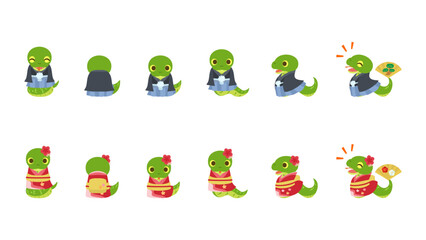 着物や袴を着た蛇。フラットなベクターイラストセット。
Snakes wearing hakama or kimono. Flat designed vector illustration set.