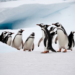 Obraz premium A colony of gentoo penguins play in the snow in Antarctica