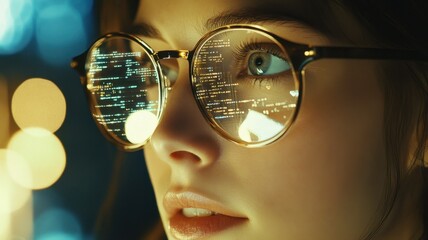woman working computer code, developing software in office digital interfaces with data overlaying her face banner