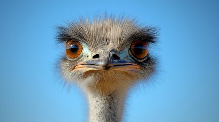 A striking close-up of an ostrich's head captures its vibrant orange eyes and distinctive facial structure
