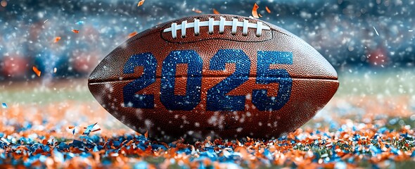 Happy New Year 2025 on a Football with Bold Numbers.