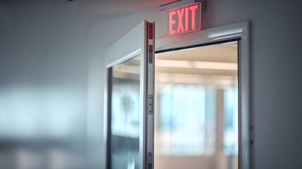Open door with exit sign, symbolizing the freedom and opportunity to leave behind the past and embrace new beginnings, encouraging a sense of liberation and forward movement.