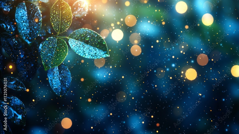 Poster lush leaves adorned with sparkling raindrops emerge against a rich blue-green background filled with