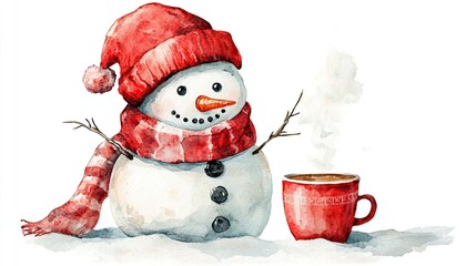 Watercolor snowman with a red hat, scarf, and coffee cup, isolated on white, evoking winter warmth and holiday cheer.