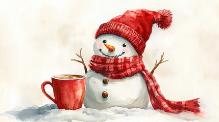 Watercolor snowman with a red hat, scarf, and coffee cup, isolated on white, evoking winter warmth and holiday cheer.