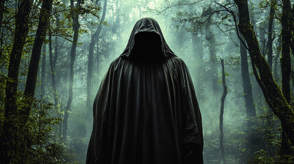 Mysterious Hooded Figure in Foggy Forest