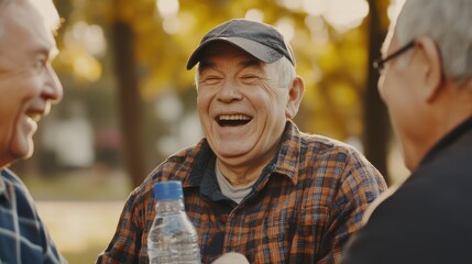 Lively Outdoor Gathering of Older Men, Sharing a Good Time and a Bottle of Water.