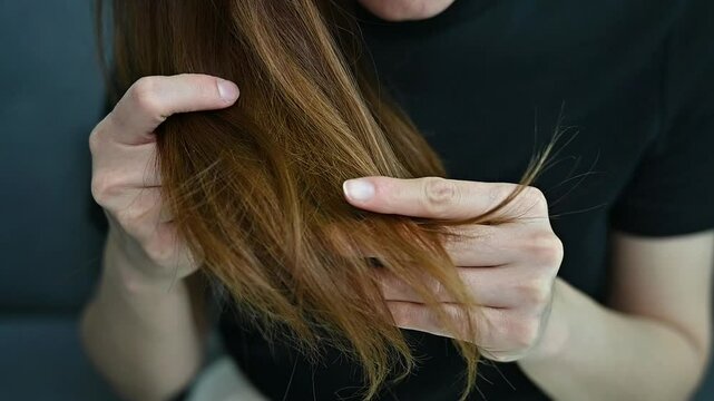 Cropped shot view of young Asian woman touching her damaged split hair. Split ends happen when the ends of your hair become dry, brittle, and frayed.