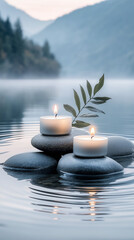 Obraz premium Lit candles placed on rocks at a riverbank, warm glow illuminating the surrounding area, gentle ripples in the water reflecting the light, soft natural colors creating a spiritual and meditative mood