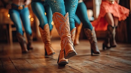 Women in cowboy boots dancing on the wooden floor, showcasing a fun and energetic dance session with country music, perfect for capturing the essence of western-themed events and country culture.