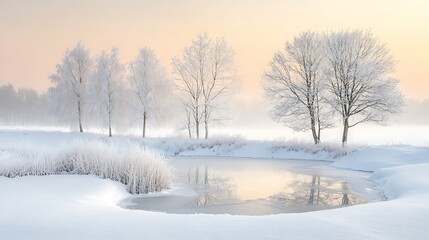 A peaceful winter scene with snow-covered trees, a frozen lake, and the soft light of a setting sun