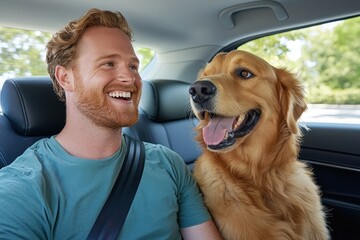 Happy man and golden retriever sitting together in a car, enjoying a pleasant ride on a sunny day.