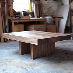 A modern wooden coffee table with a sleek design in a workshop setting.