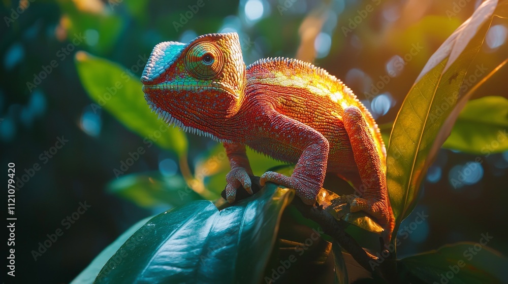 Poster a striking chameleon displays its vivid colors while resting on a branch, surrounded by lush greener